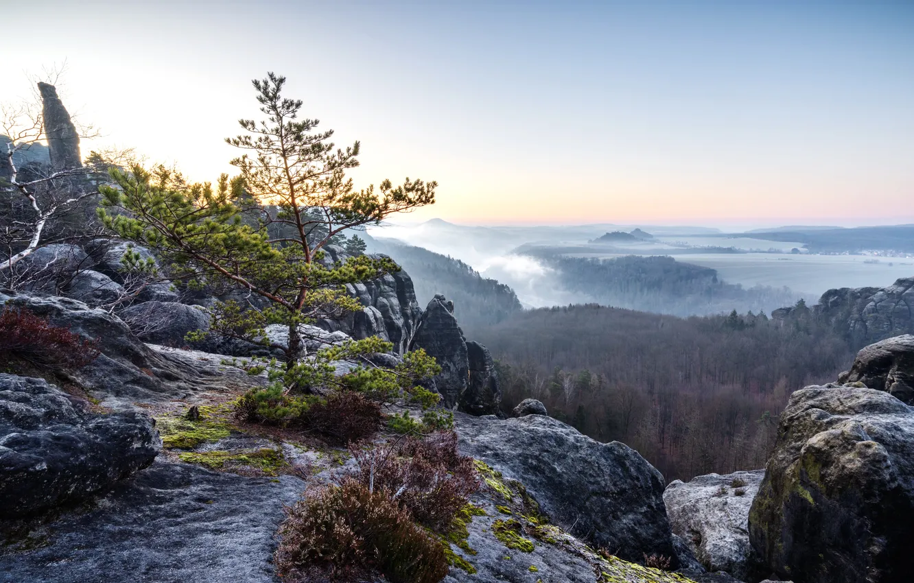Photo wallpaper mountains, fog, valley
