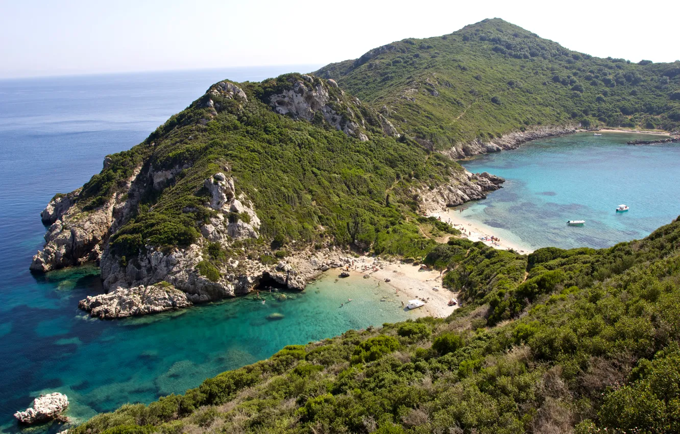 Photo wallpaper sea, stones, rocks, coast, Greece, horizon, Corfu