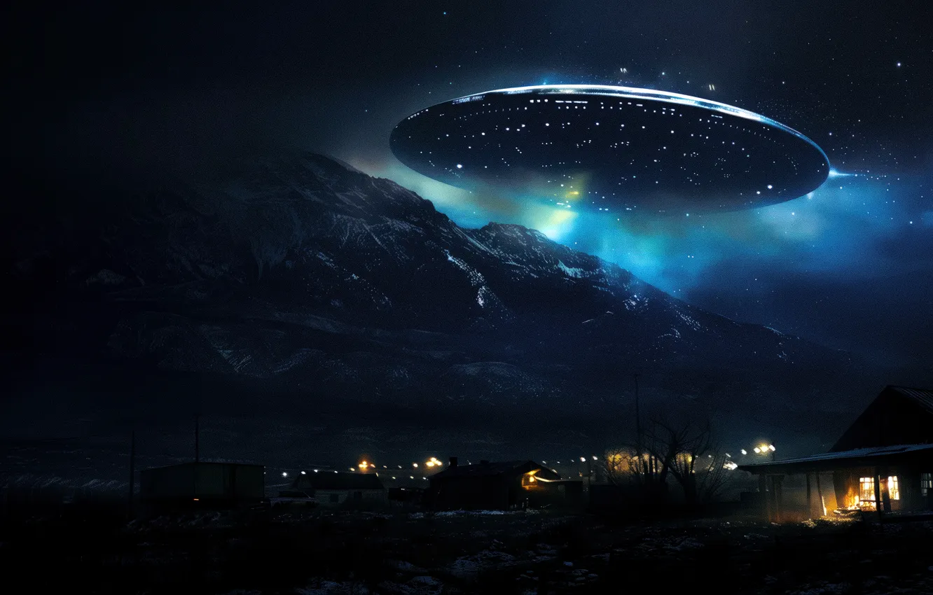 Photo wallpaper flight, mountains, night, lights, fiction, height, UFO, house