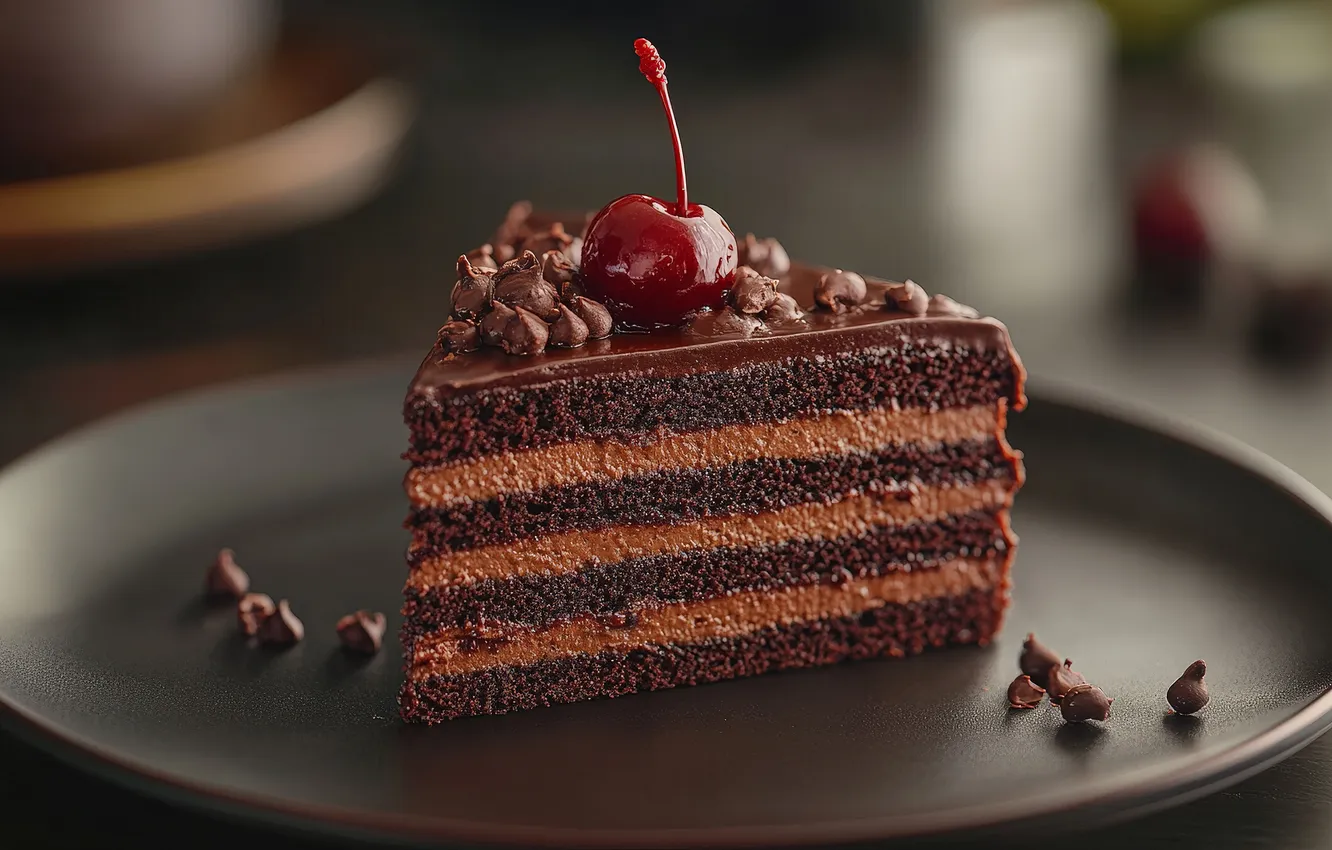 Photo wallpaper cherry, berries, chocolate, berry, plate, cake, cake, layers