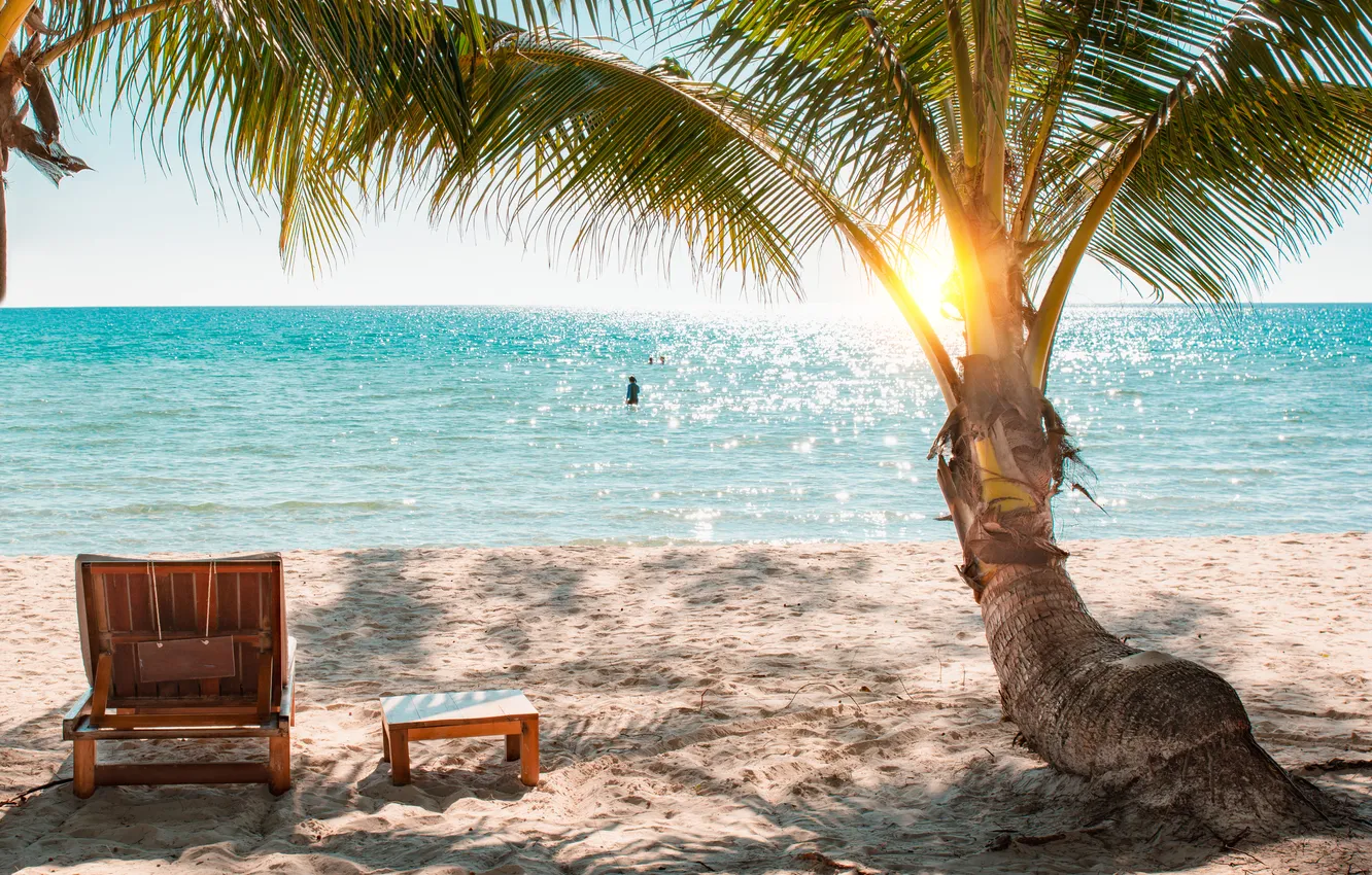 Photo wallpaper sand, sea, wave, beach, summer, the sky, palm trees, shore