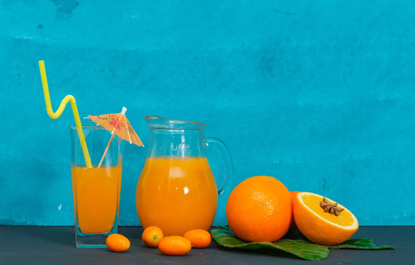 Photo wallpaper glass, leaves, glass, umbrella, glass, orange, juice, fruit