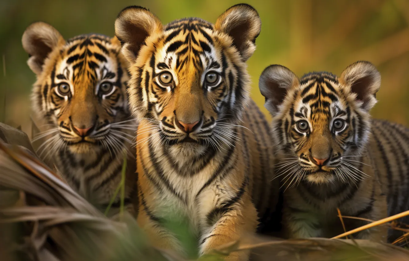 Photo wallpaper look, tiger, predator, kitty, face, front, three, big cats