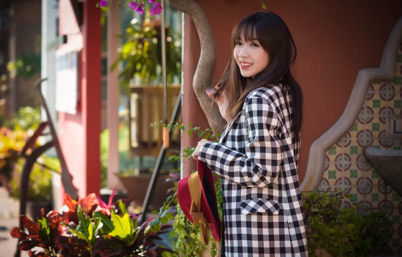 Photo wallpaper look, smile, hat, Asian, cutie, coat