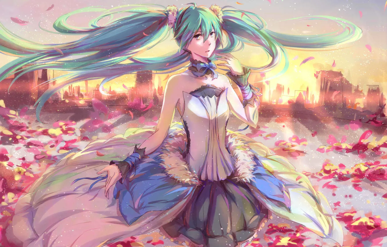 Photo wallpaper girl, flowers, the city, vocaloid, hatsune miku, gesture, Vocaloid, art