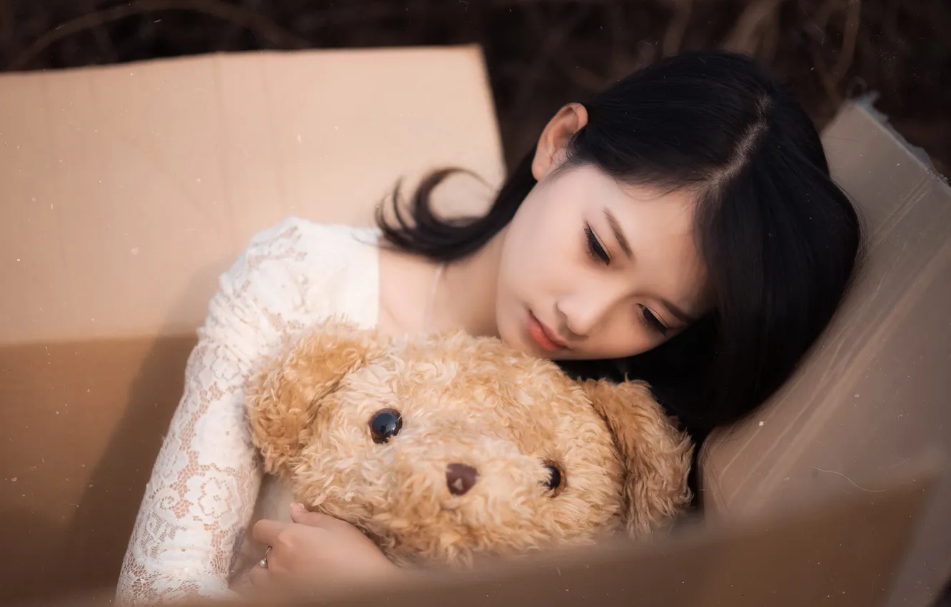 Photo wallpaper girl, mood, box, bear