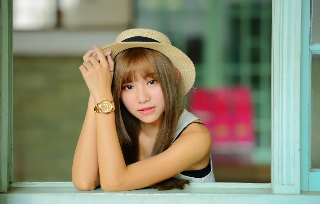Photo wallpaper look, girl, hair, watch, hat, Asian