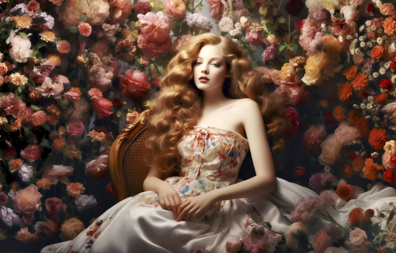 Photo wallpaper summer, look, girl, flowers, pose, tenderness, bouquet, chair