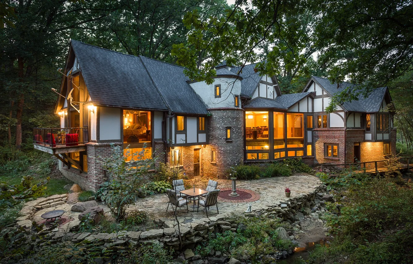 Photo wallpaper design, home, the evening, window, architecture, mansion