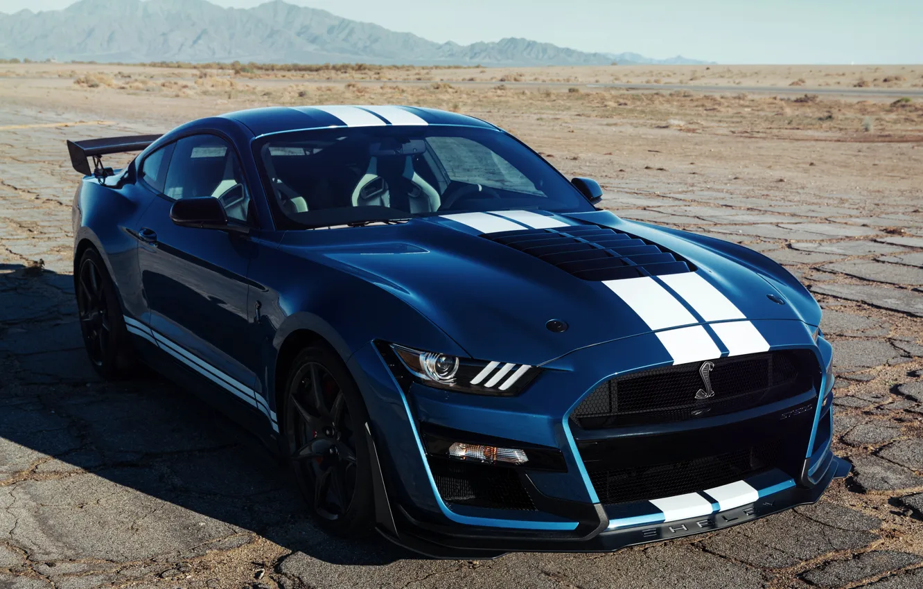 Photo wallpaper blue, Mustang, Ford, Shelby, GT500, 2019, old asphalt