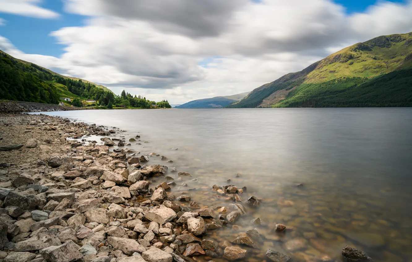 Photo wallpaper mountains, lake, stones