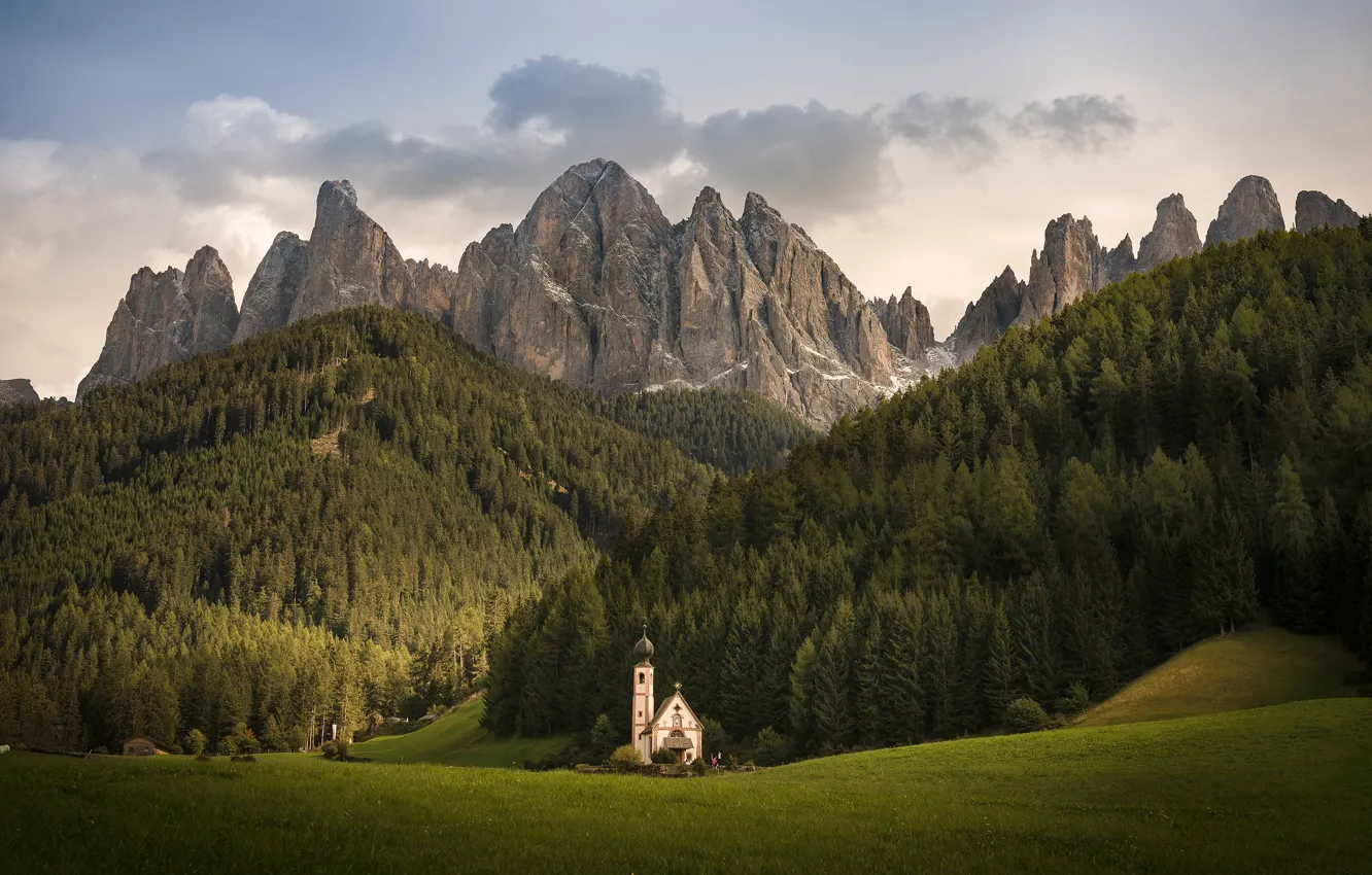 Photo wallpaper field, forest, mountains, Alps, Church