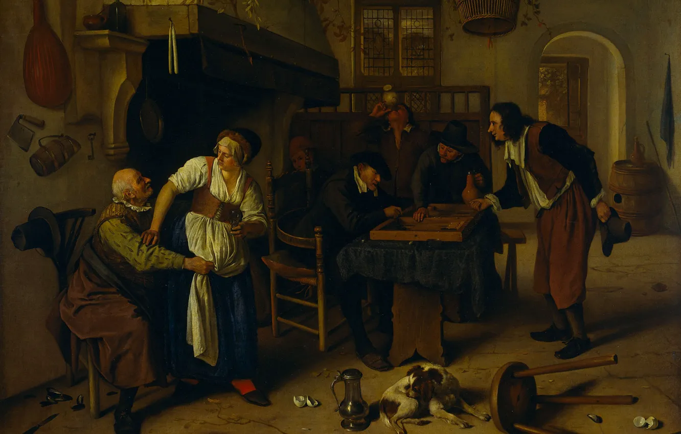 Photo wallpaper oil, picture, canvas, genre, Ian Havickszoon Walls, Interior Of A Tavern