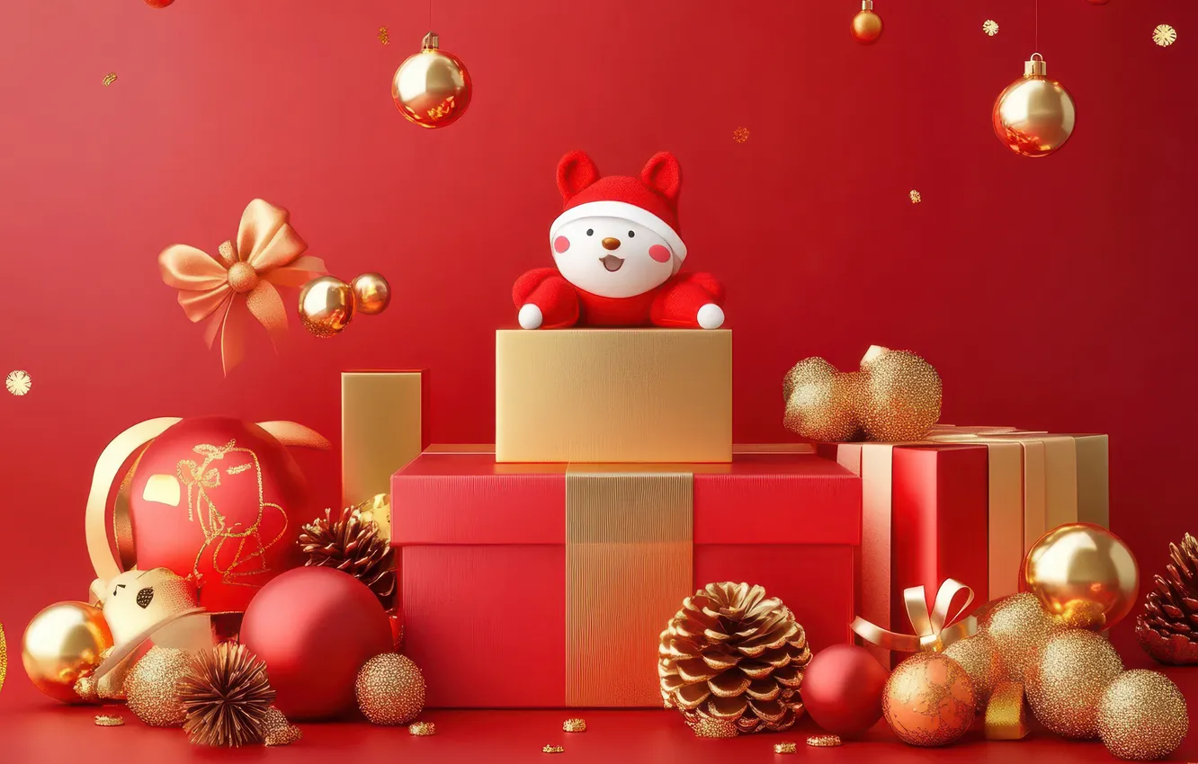 Photo wallpaper balls, box, gift, toy, new year, animal, Christmas, bow