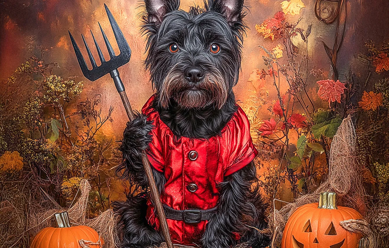 Photo wallpaper autumn, dog, pumpkin, Halloween, pitchfork, AI art, neural network