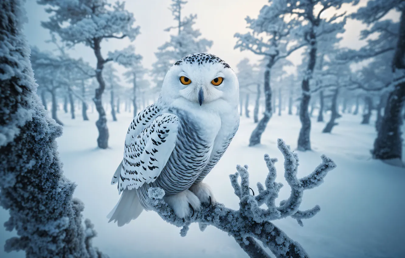 Photo wallpaper winter, frost, forest, white, look, snow, trees, branches