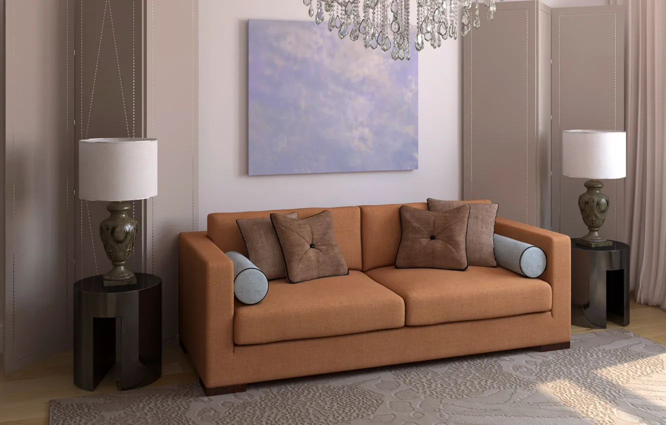 Photo wallpaper design, comfort, style, lamp, room, sofa, interior, pillow