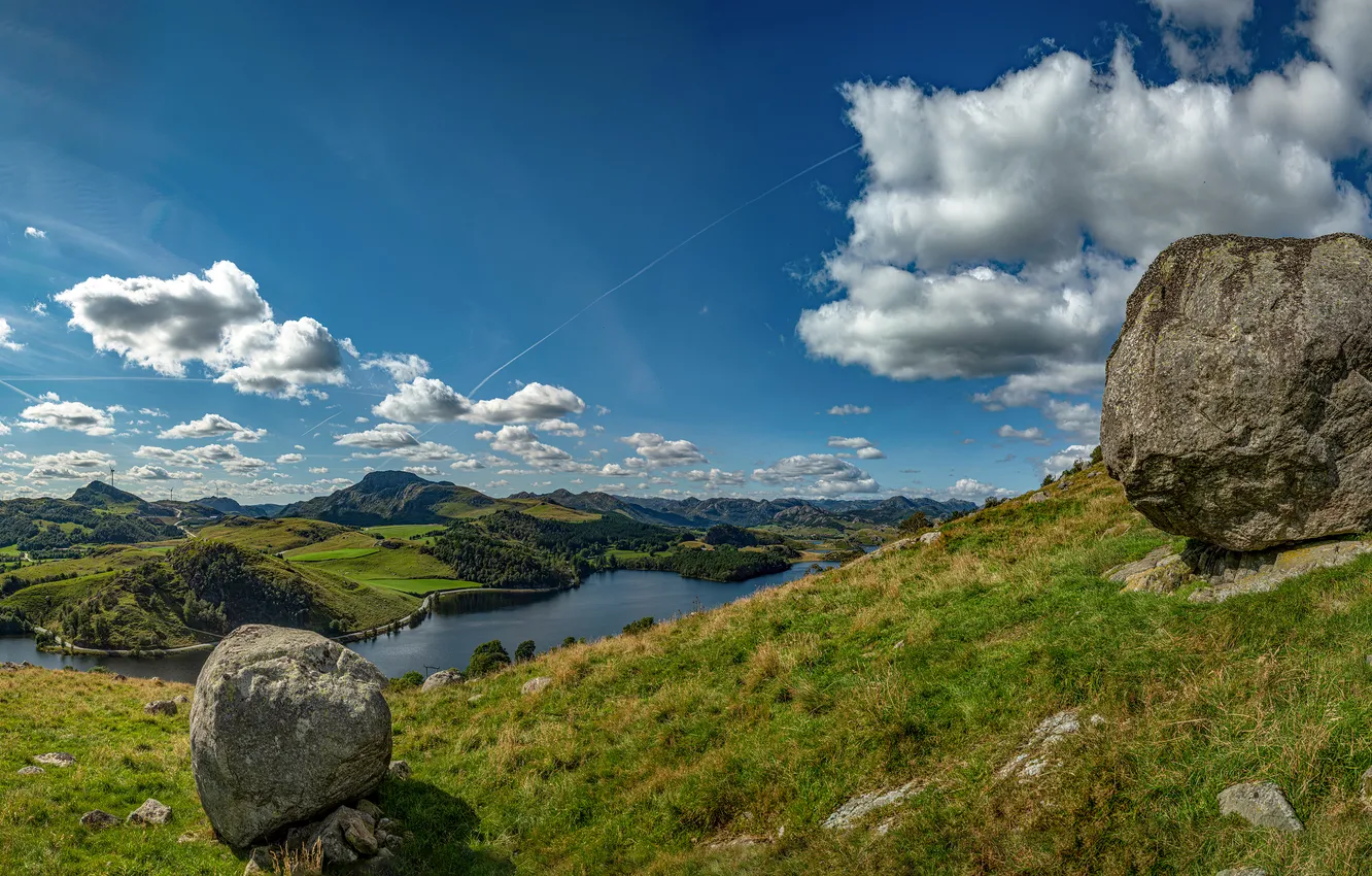 Photo wallpaper forest, summer, the sky, grass, clouds, light, mountains, lake