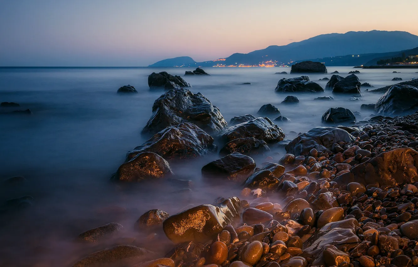 Photo wallpaper sea, landscape, sunset, mountains, nature, stones, shore, the evening