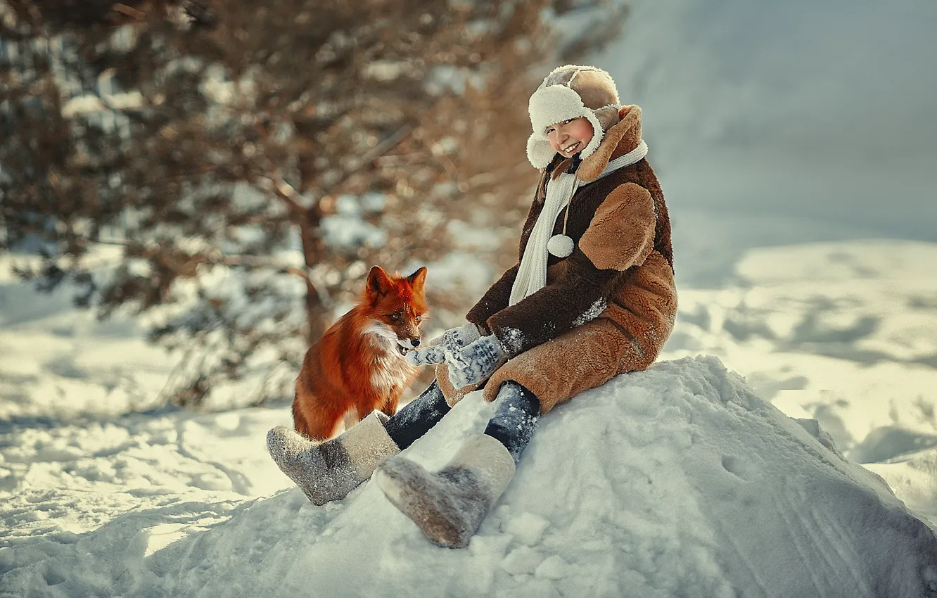 Photo wallpaper winter, snow, nature, animal, Fox, girl, the snow, Fox