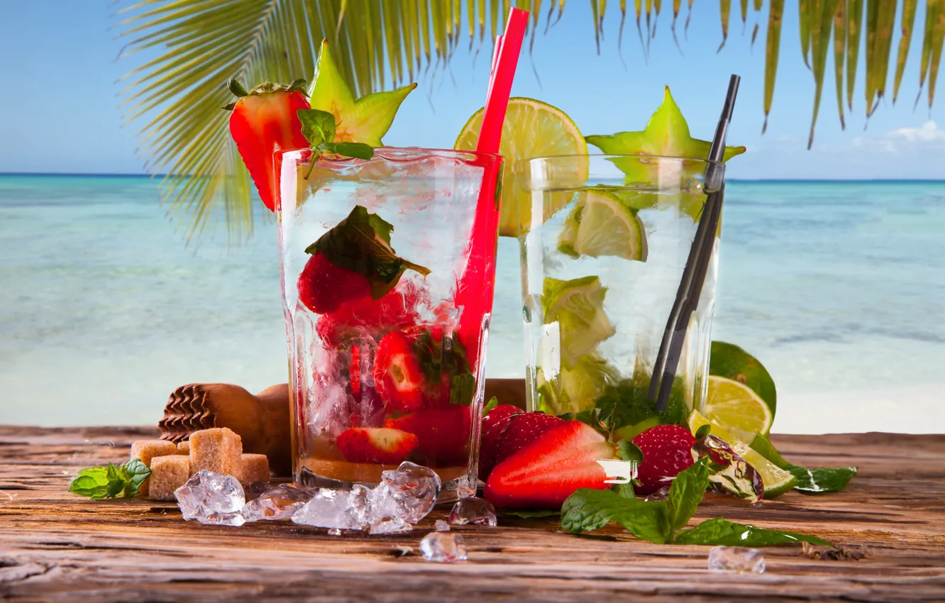 Photo wallpaper ice, sea, palm trees, strawberry, cocktail, sugar, lime, mint