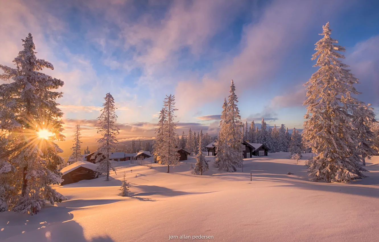 Photo wallpaper winter, the sun, rays, light, snow, home, Norway
