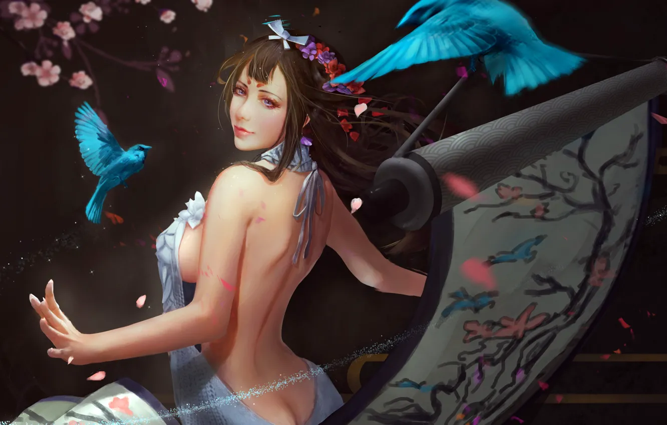 Photo wallpaper girl, game, long hair, breast, blue eyes, flowers, birds, brunette