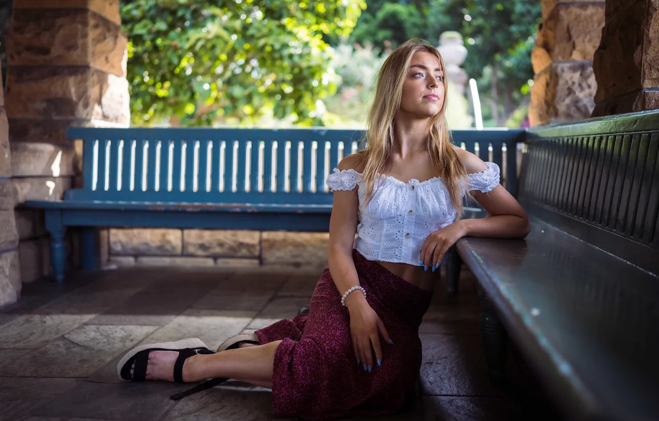 Photo wallpaper pose, skirt, blouse, sitting, Thea