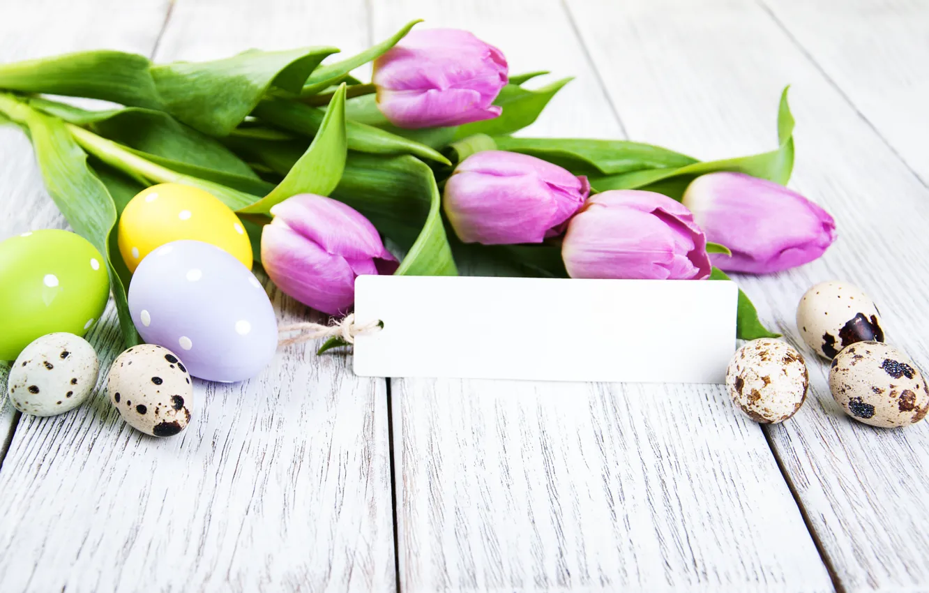 Photo wallpaper flowers, eggs, spring, colorful, Easter, tulips, wood, pink