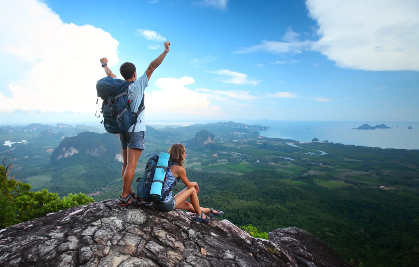 Photo wallpaper the sky, girl, clouds, lake, tops, guy, tourism, backpack