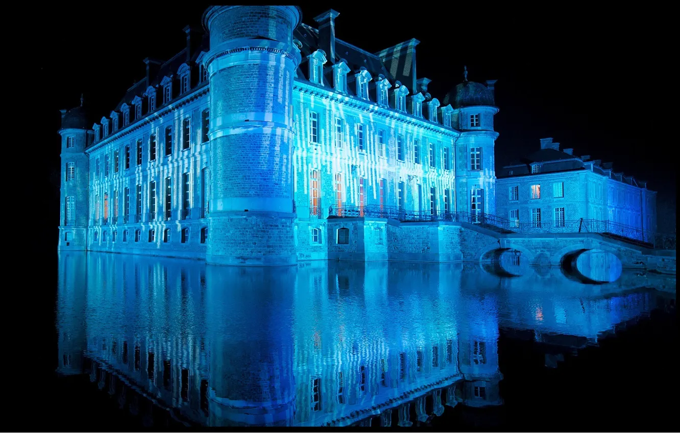 Photo wallpaper night, bridge, reflection, castle