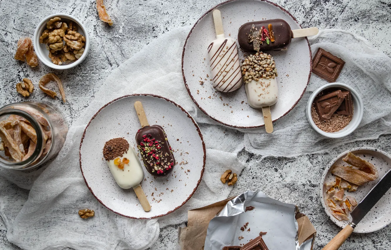 Photo wallpaper chocolate, ice cream, nuts, still life, dessert, candied, gauze, Anna Chernyakova