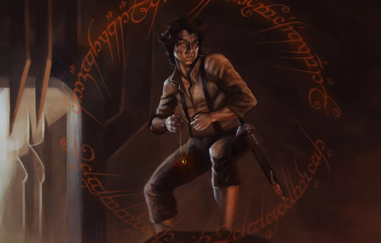 Photo wallpaper open, rocks, the inscription, the Lord of the rings, ring, art, chain, Frodo