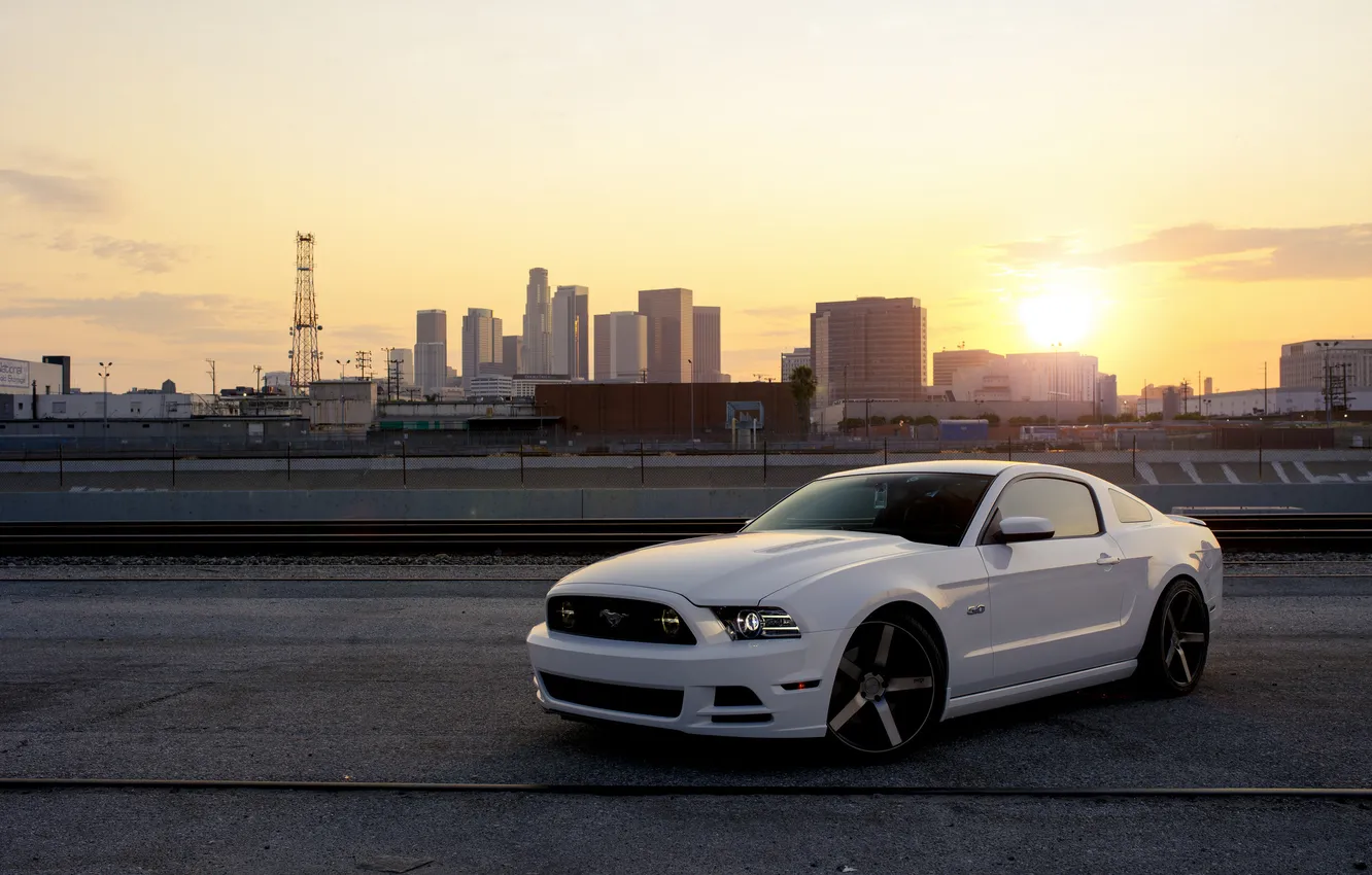 Photo wallpaper white, the sun, sunset, the city, home, mustang, Mustang, white