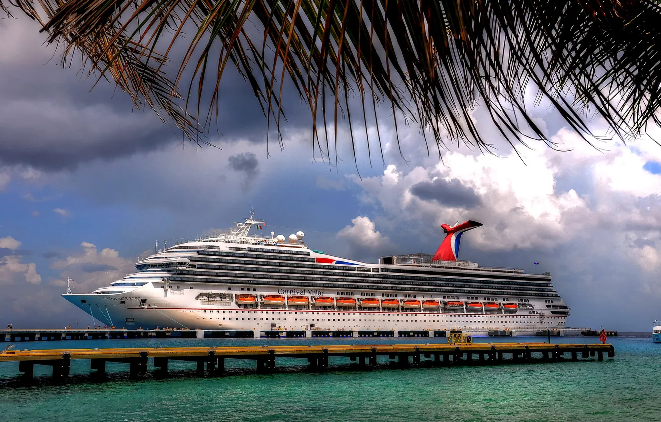 Photo wallpaper sea, the sky, clouds, palm trees, ship, pier, liner, cruise