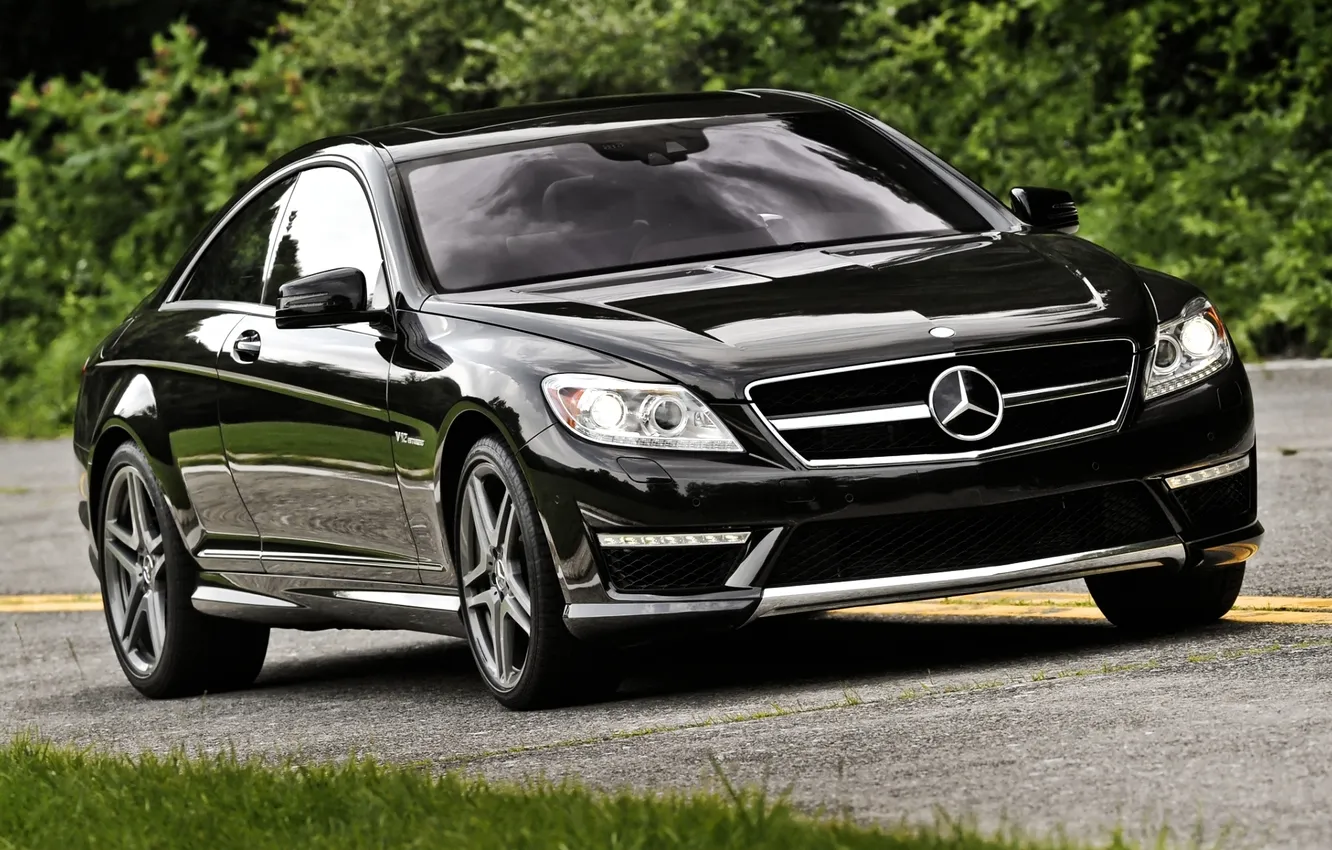 Photo wallpaper road, grass, black, coupe, mercedes-benz, Mercedes, the bushes, the front