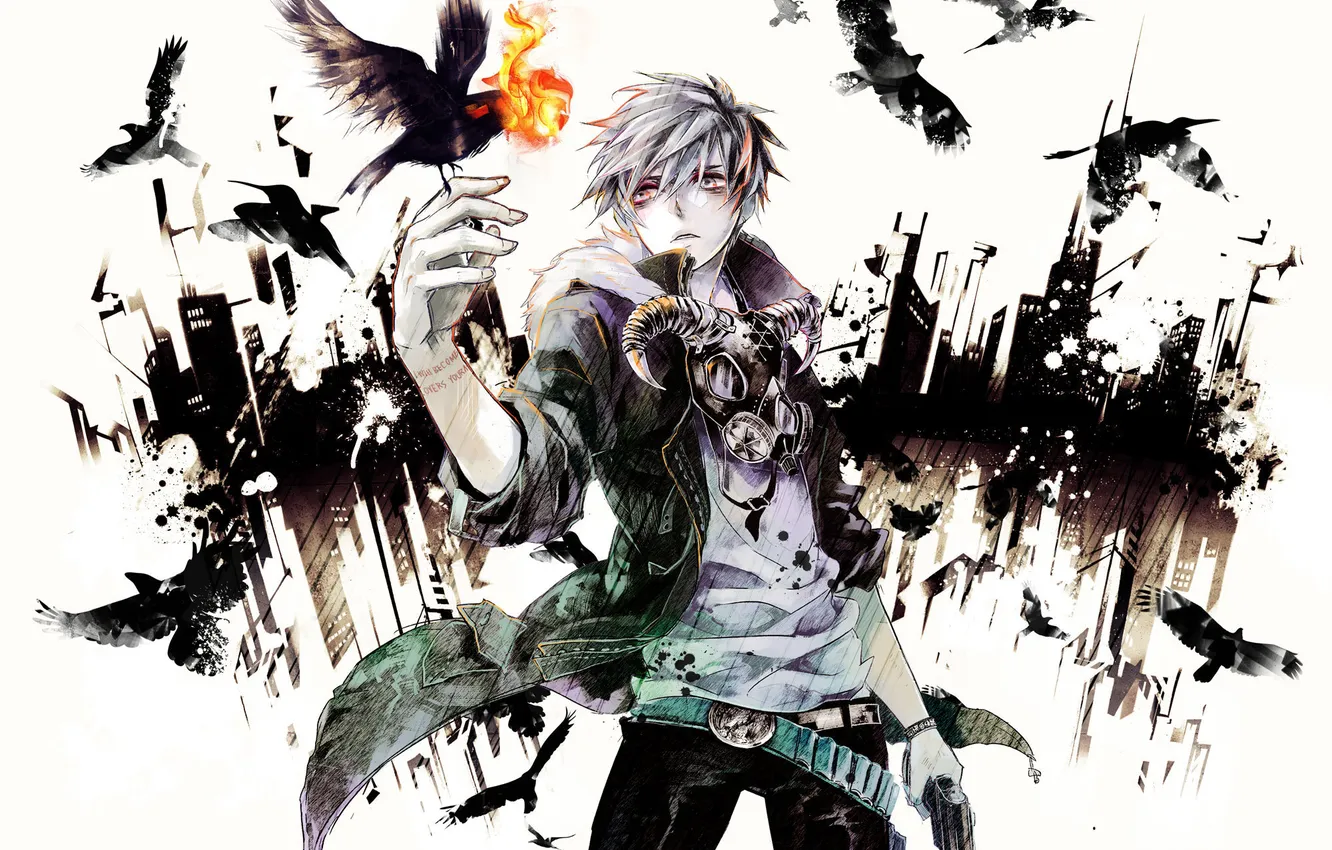 Photo wallpaper orange, city, the city, lights, skull, anime, gas mask, the gun