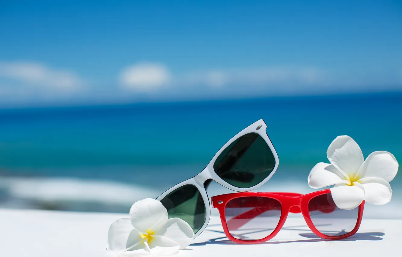 Photo wallpaper summer, beach, sea, flowers, sun, blue sky, glasses, vacation
