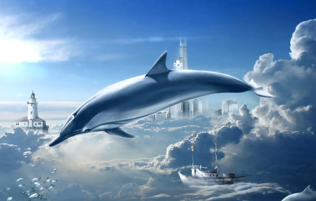 Photo wallpaper the sky, clouds, dreams, Dolphin