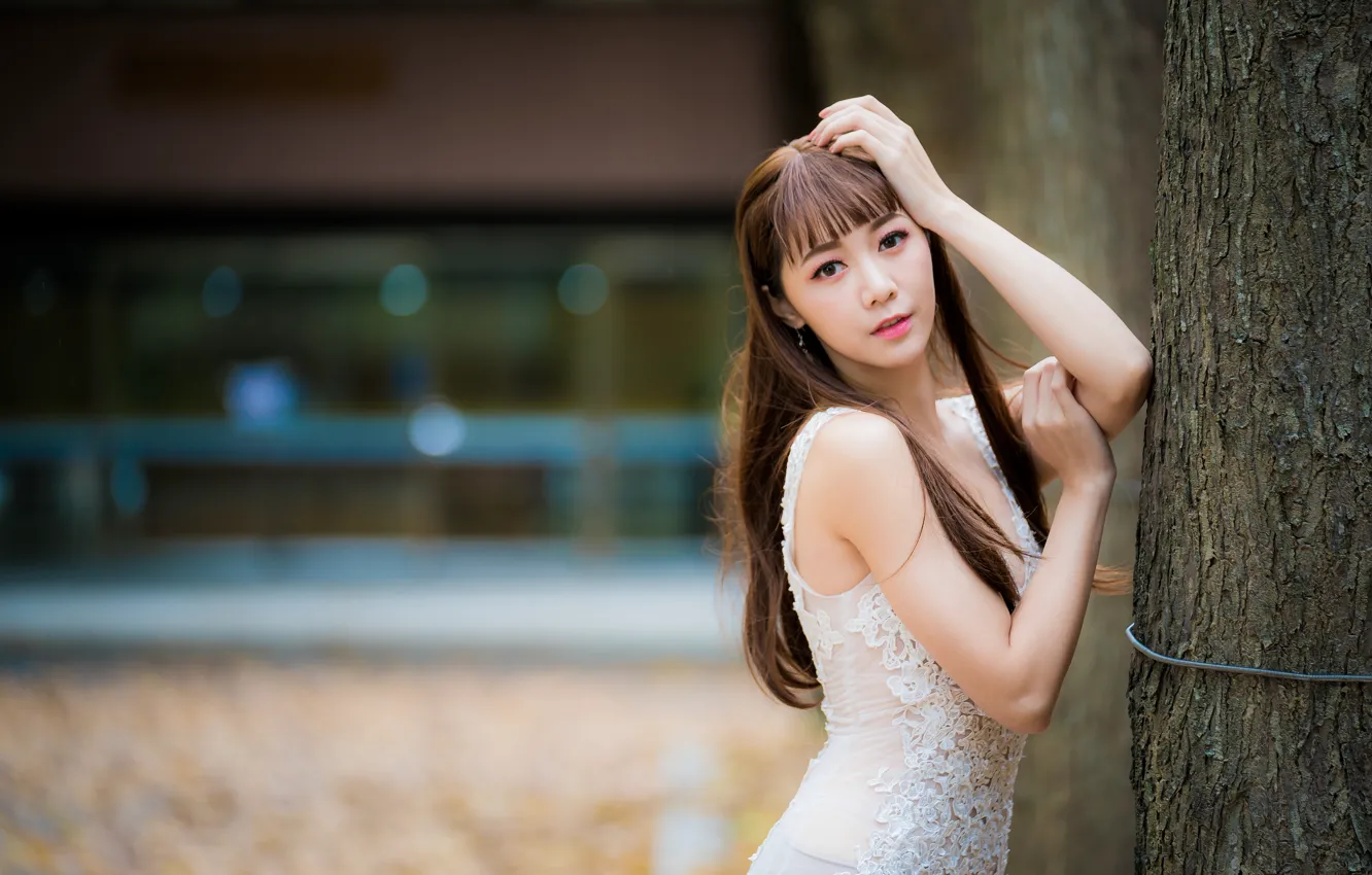 Photo wallpaper look, girl, Asian, bokeh