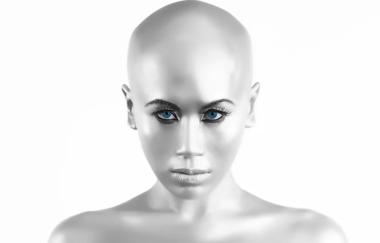 Photo wallpaper bald, eyes, girl, face, makeup, blue, lips