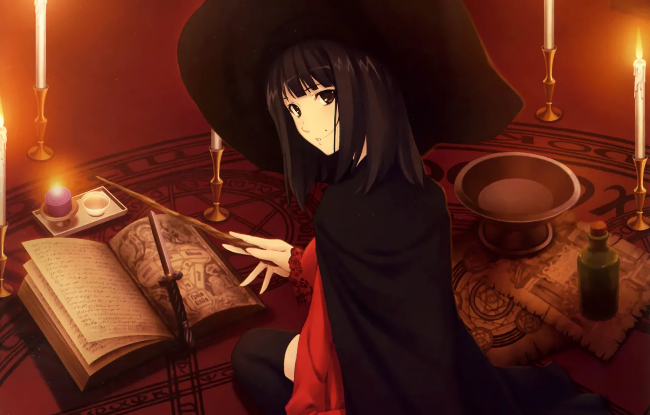 Photo wallpaper magic, Girl, hat, candles, signs, book, dagger, witch
