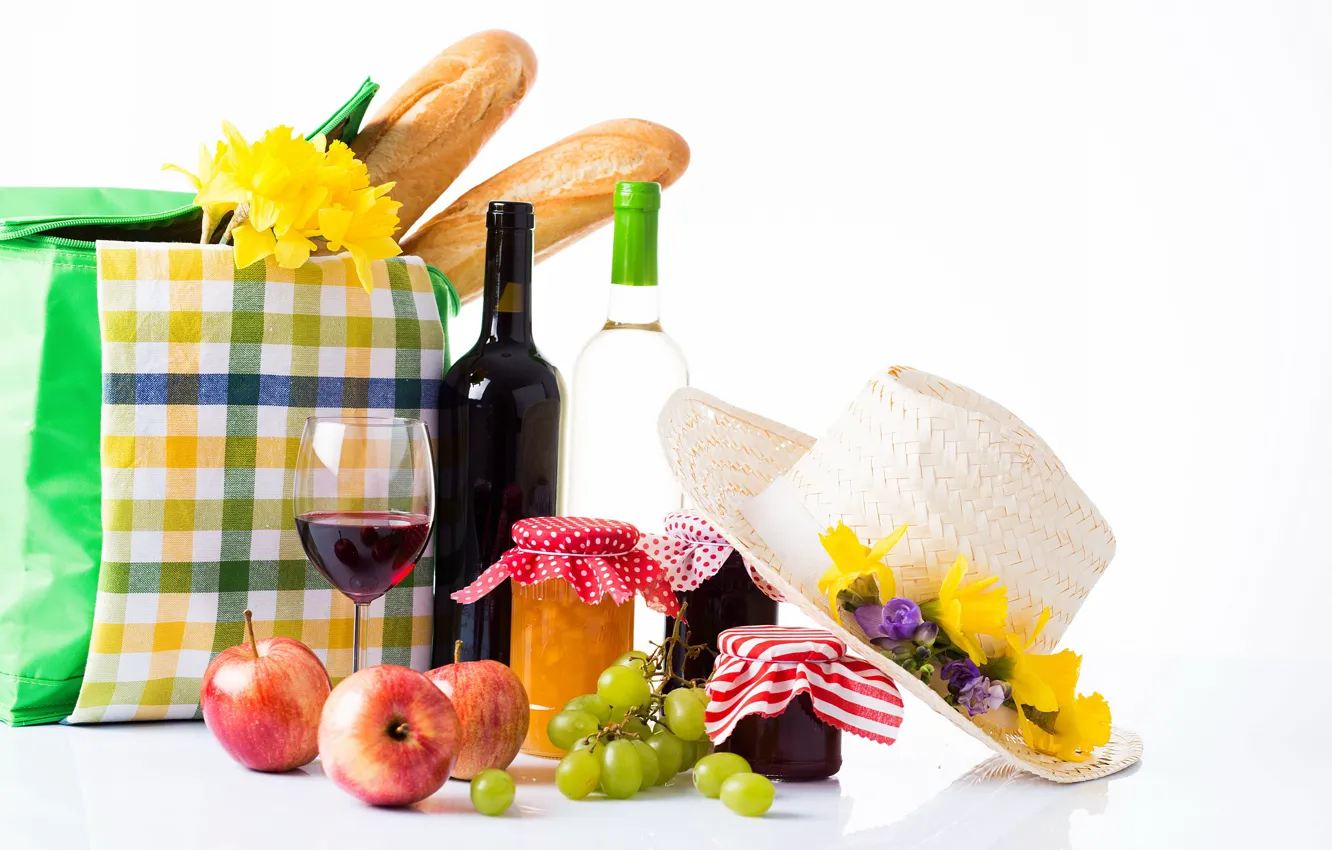 Photo wallpaper wine, hat, glasses, fruit, picnic