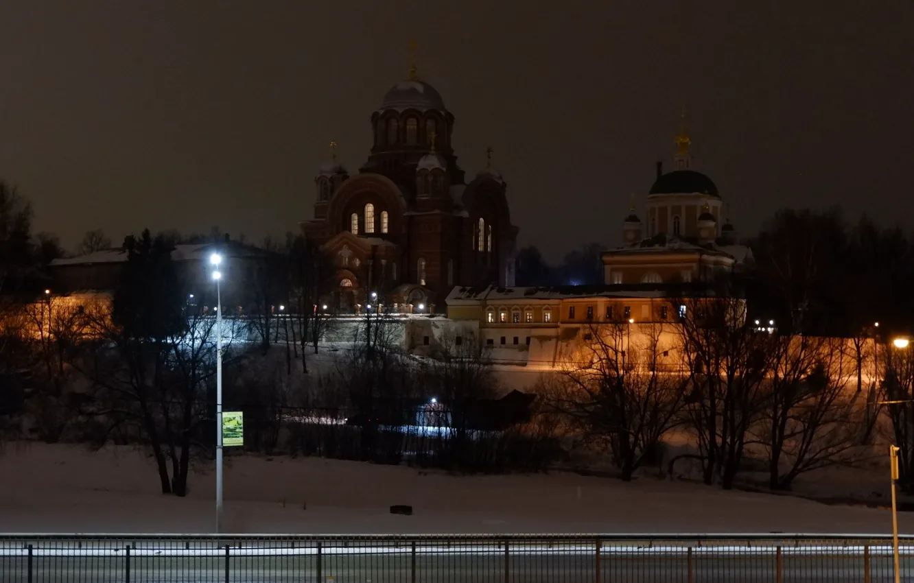 Photo wallpaper winter, snow, night, river, lights, the monastery, women's