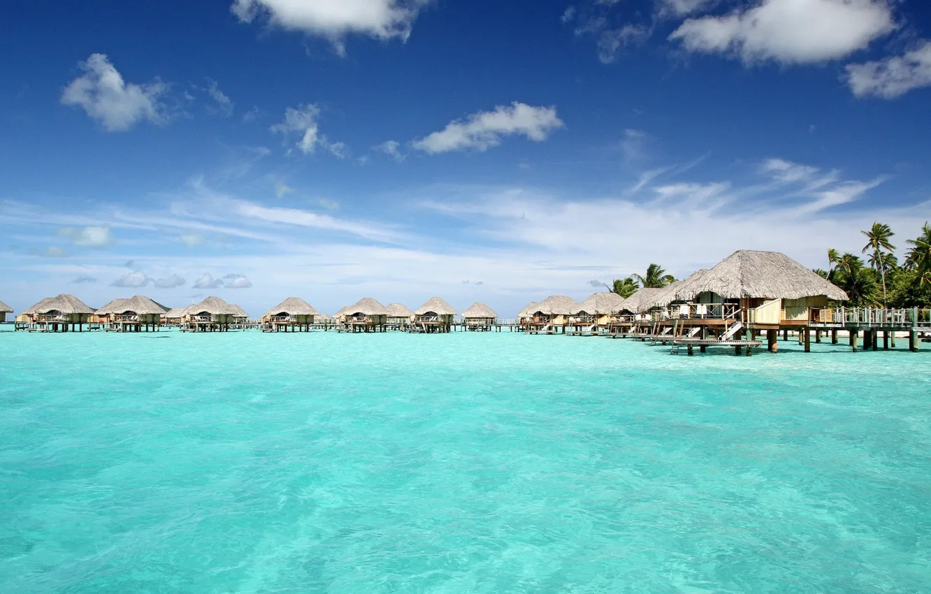 Photo wallpaper the ocean, the hotel, Bungalow, Bora-Bora, tranquil, Blue Lagoon, pearl beach resort, water villas