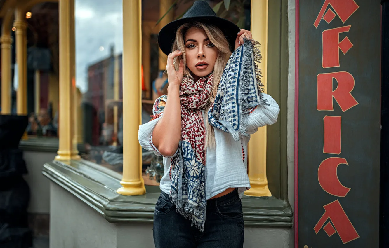 Photo wallpaper look, pose, model, portrait, jeans, hat, makeup, scarf