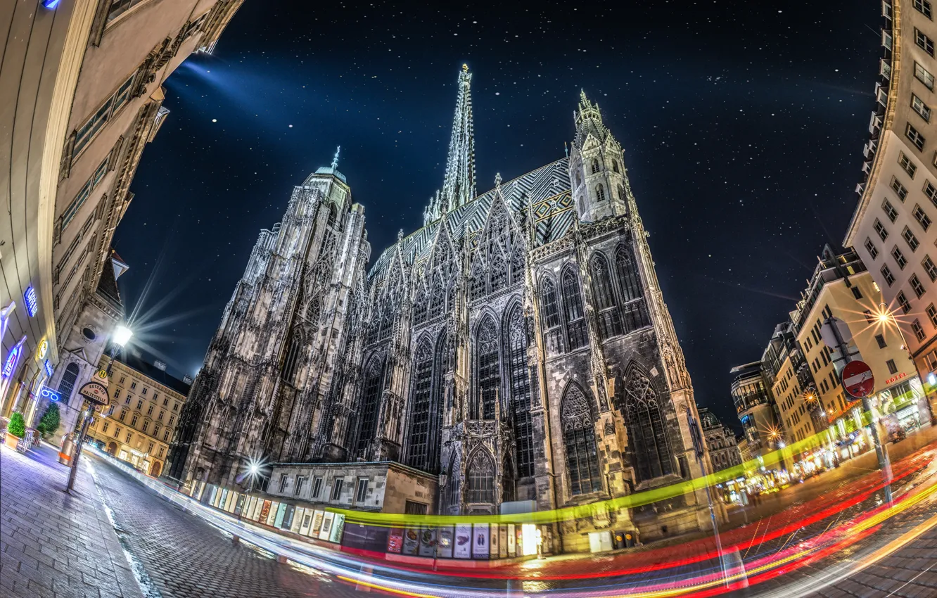 Photo wallpaper night, lights, Austria, Vienna, St. Stephen's Cathedral