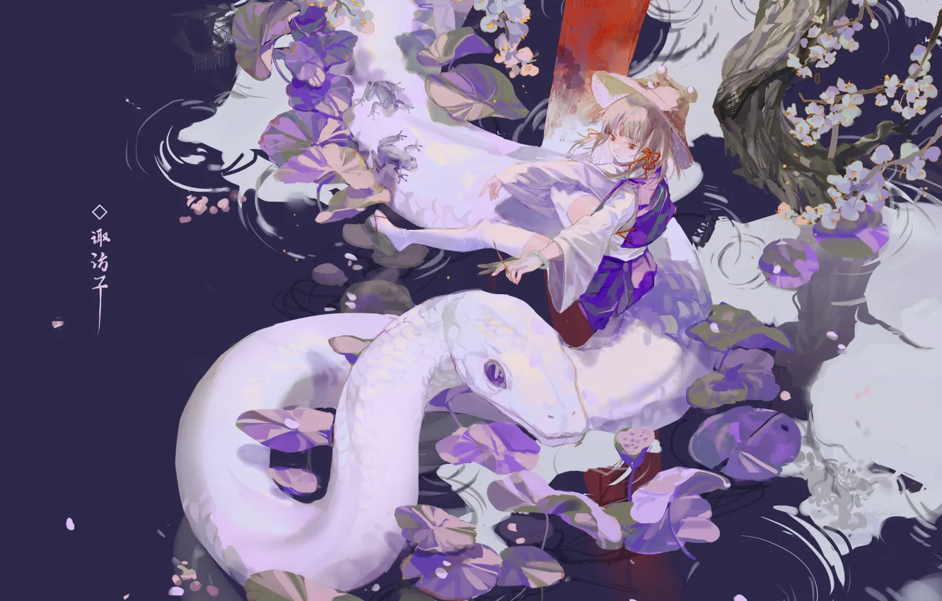 Photo wallpaper girl, pond, snake, Touhou Project, Suwako Moriya