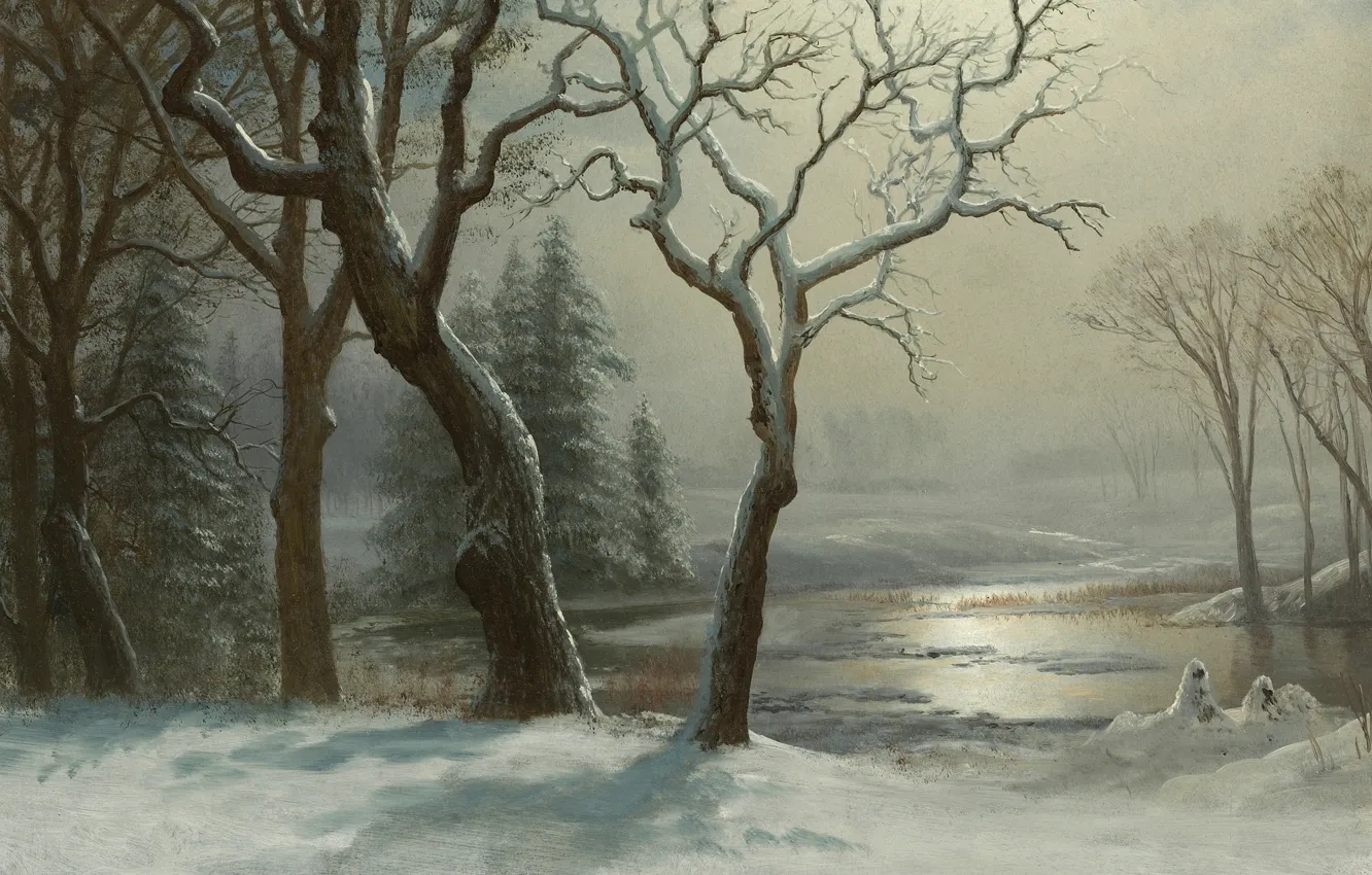Photo wallpaper snow, trees, landscape, river, picture, Albert Bierstadt, Winter in Yosemite