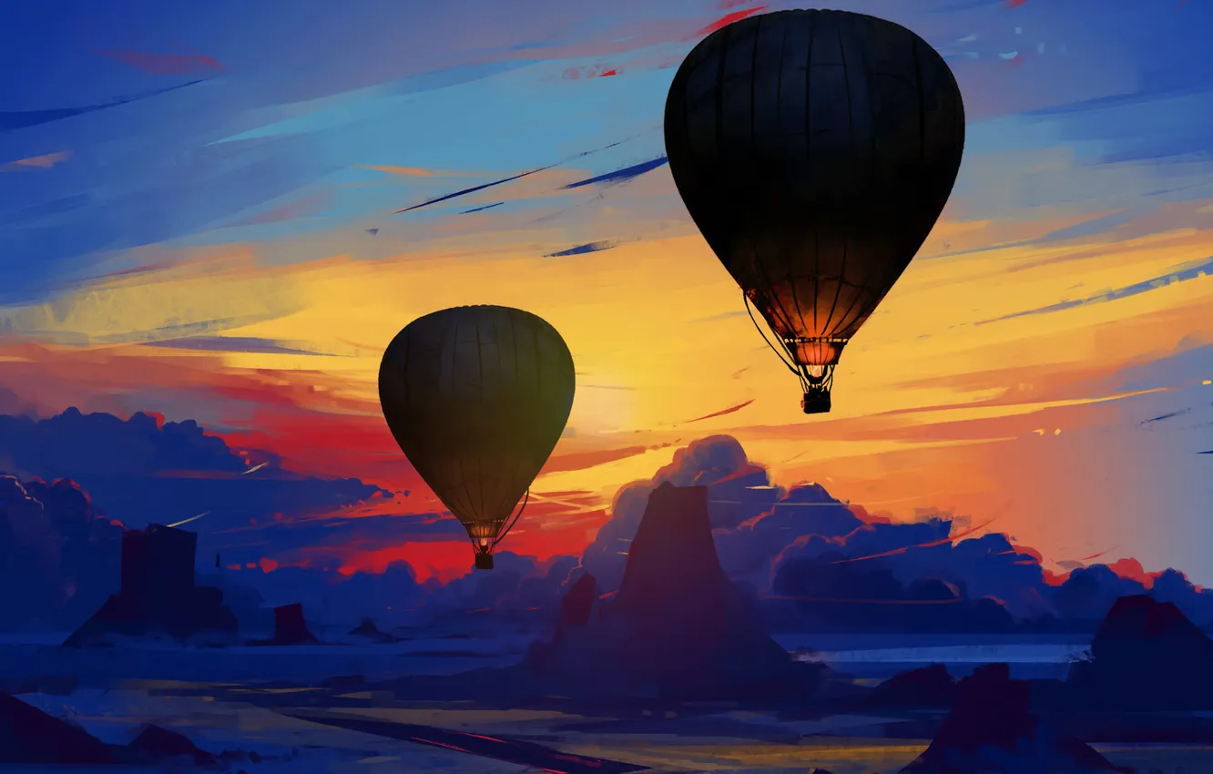 Photo wallpaper the sky, clouds, flight, sunset, mountains, balloon, the evening, art
